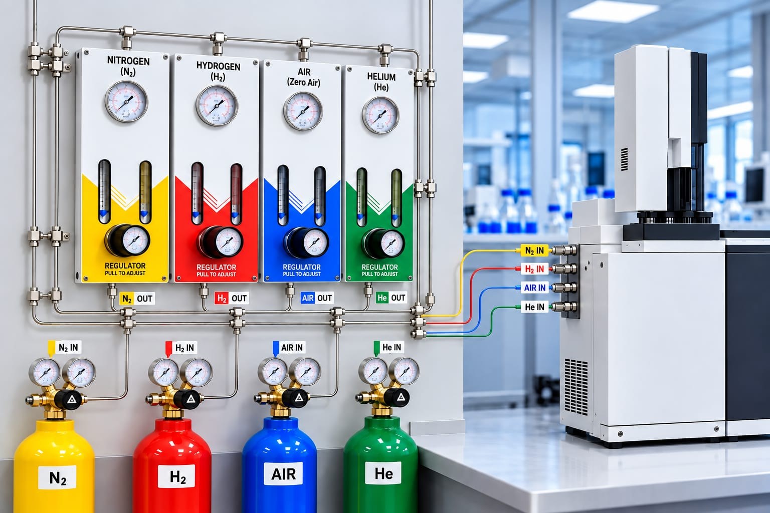Colour-coded N2, H2, air and helium gas panel connected to a gas chromatograph