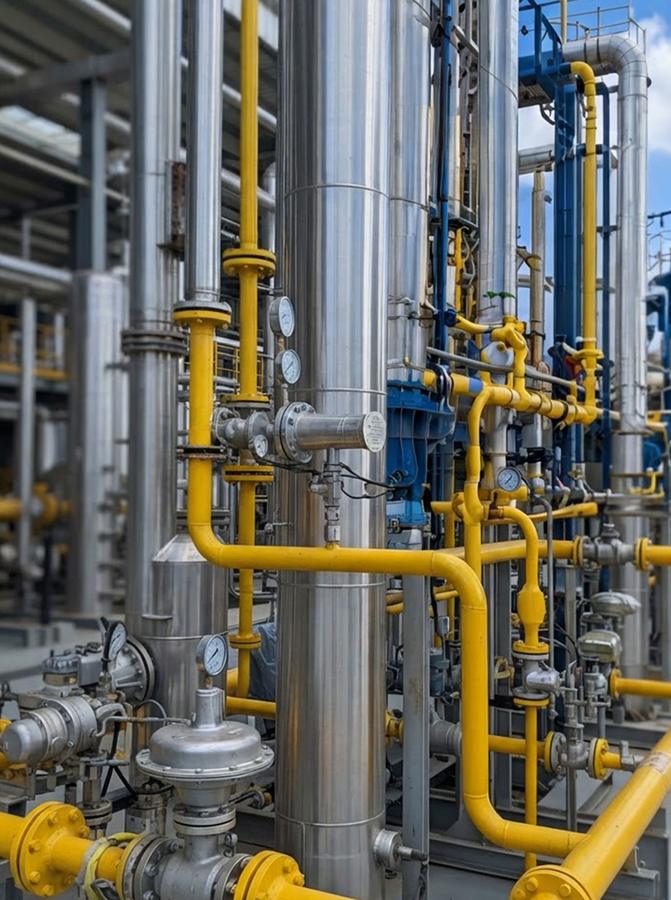 Stainless steel and yellow-coated industrial gas pipelines with valves and gauges